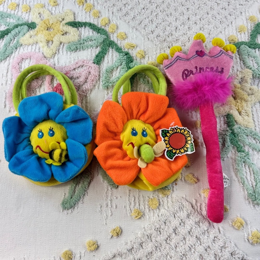 Vintage Calplush Bloomers Flower Plush Purses & Princess Wand Set Blue Orange